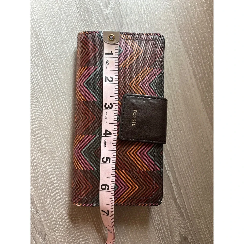 Fossil Logan Bifold Wallet Multicolor Chevron Coated‎ Canvas Leather Trim Slim